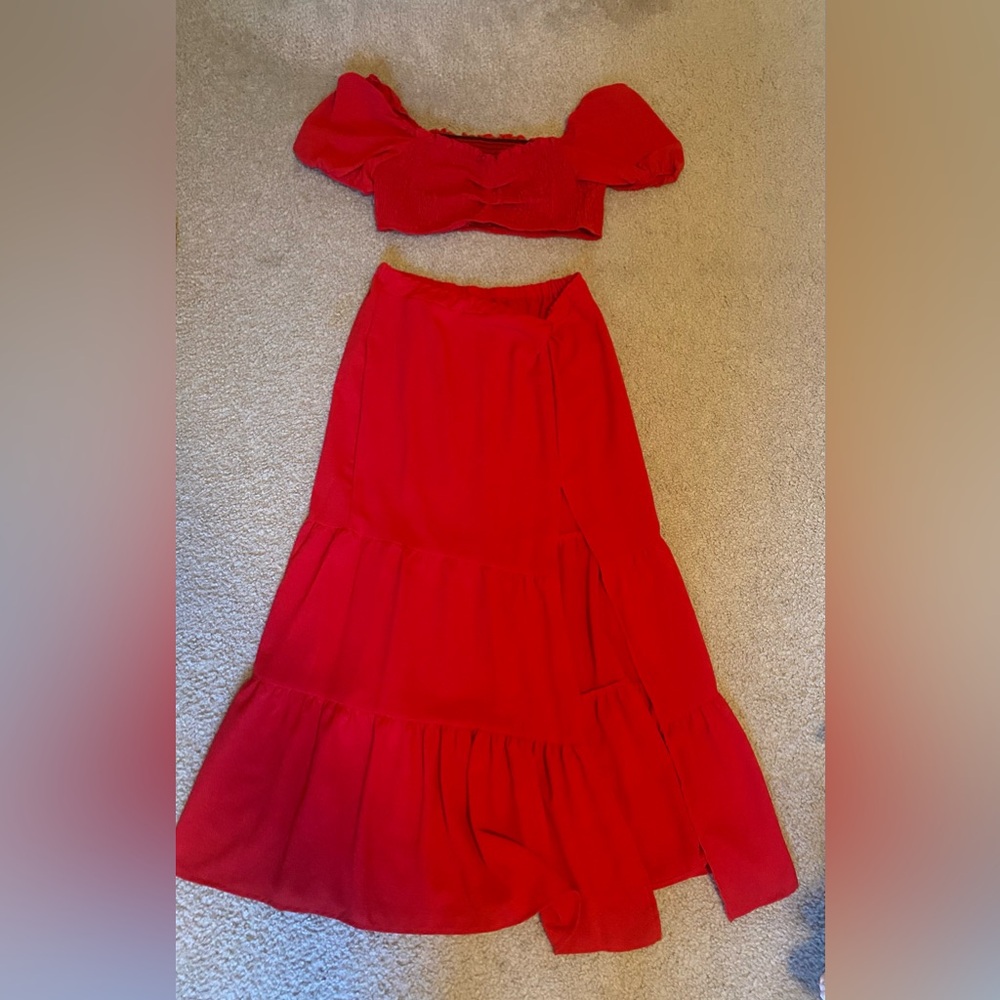 Red Two-Piece Crop Top & Maxi Skirt Set